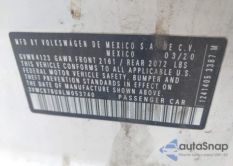 2020 Volkswagen Jetta 1.4T R-Line/1.4T S/1.4T Se z USA, uszkodzony, nr VIN 3VWCB7BU8LM053740